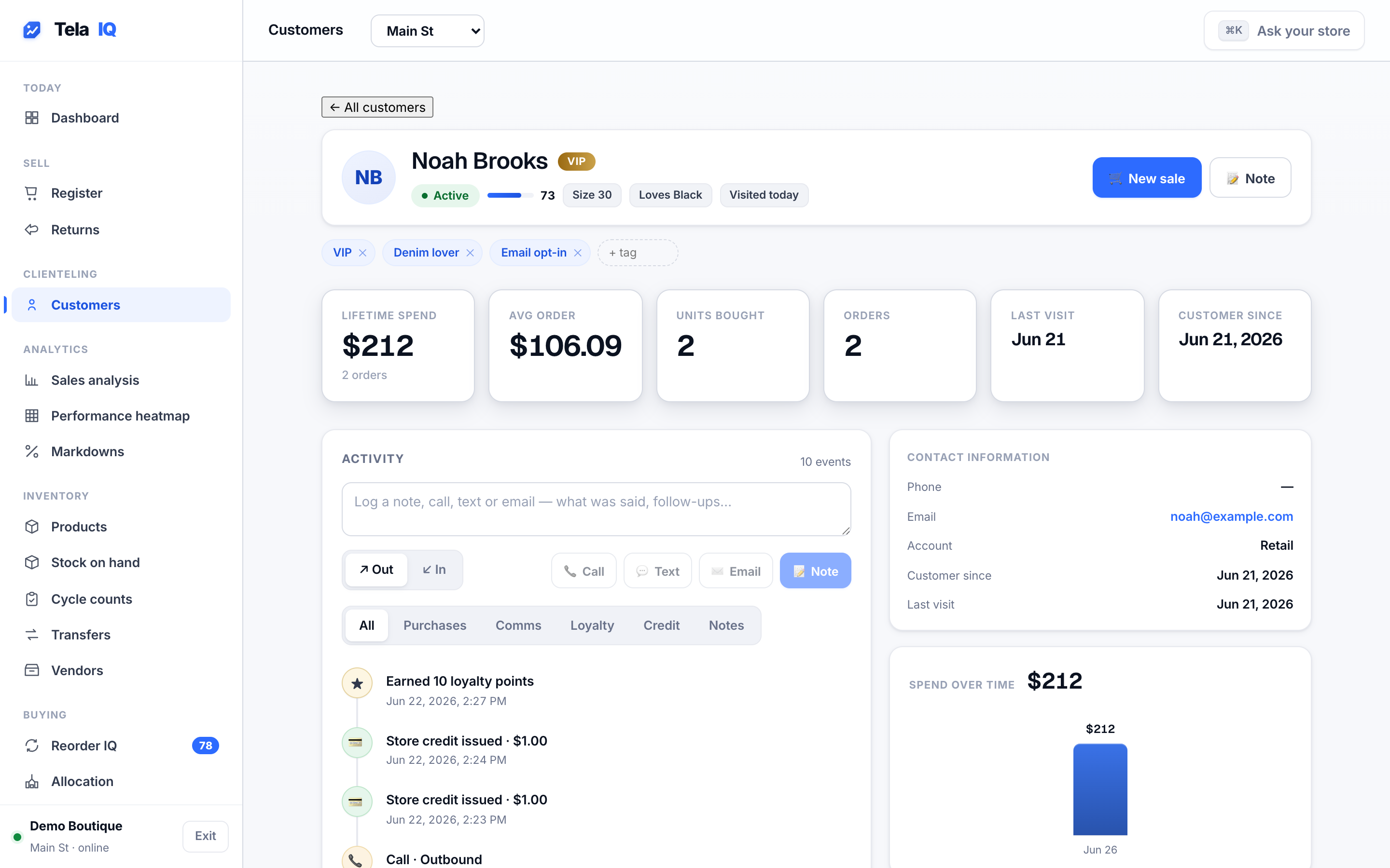 Customer 360 — activity timeline, notes, tags, store credit and loyalty