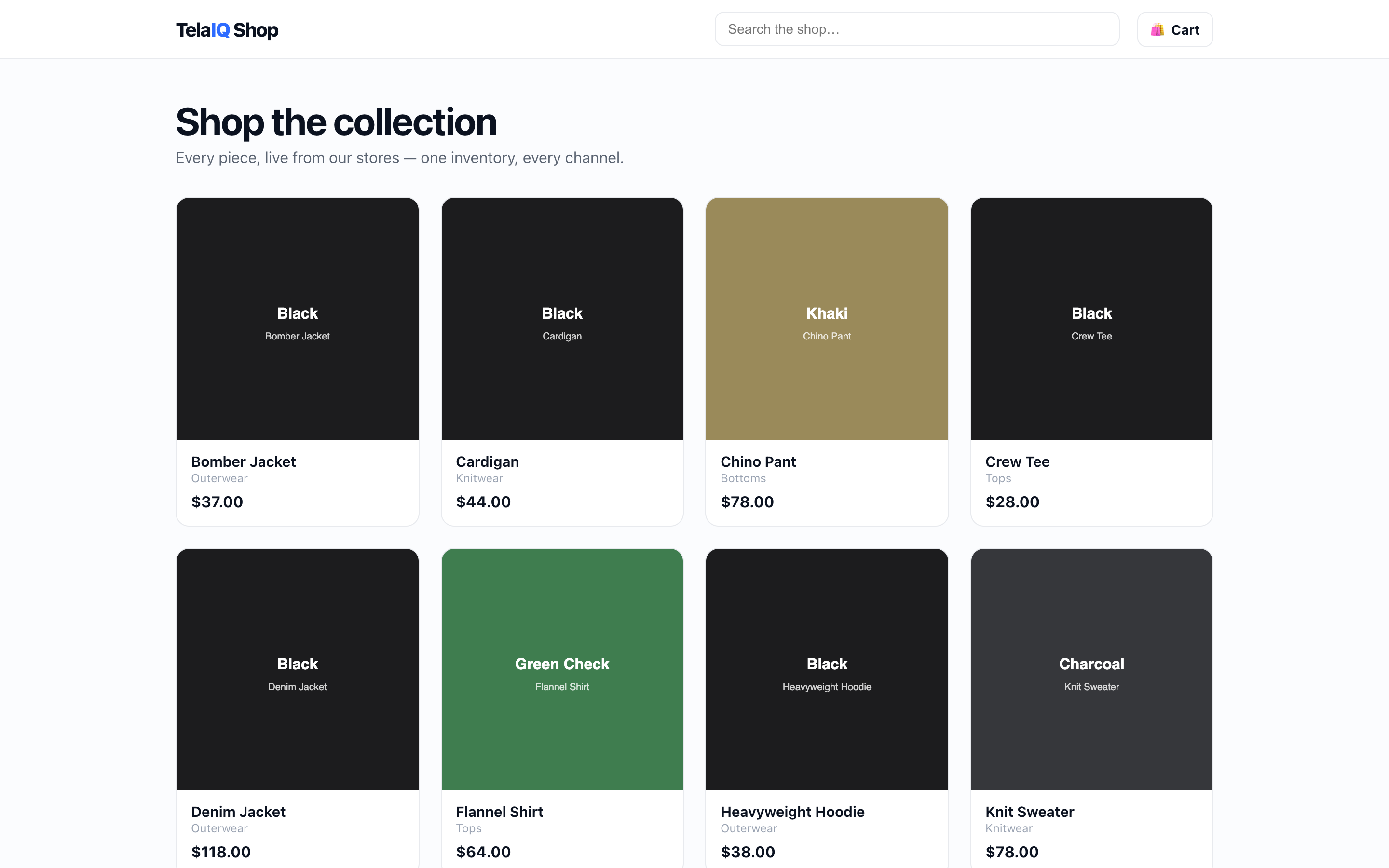 The TelaIQ starter storefront using the shared catalog and inventory model